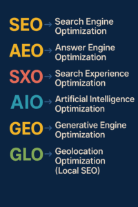 AI expands the work opportunities of SEO through SEO, AEO, SXO, AIO, GEO, and GLO.